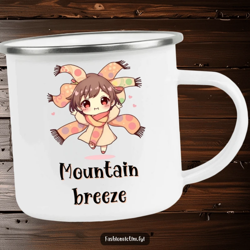 Funny camping mug with a character happily twirling with a colorful bouquet of wildly patterned scarves, perfect for outdoor enjoyment.