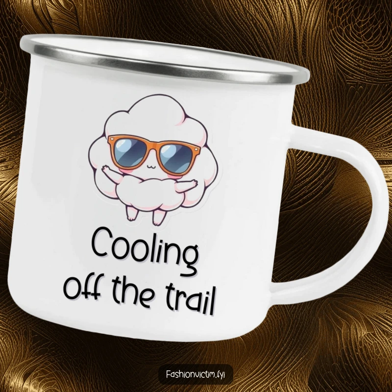 Funny camping mug featuring a tiny cloud wearing oversized sunglasses, striking a confident pose, perfect for enjoying beverages outdoors with style.