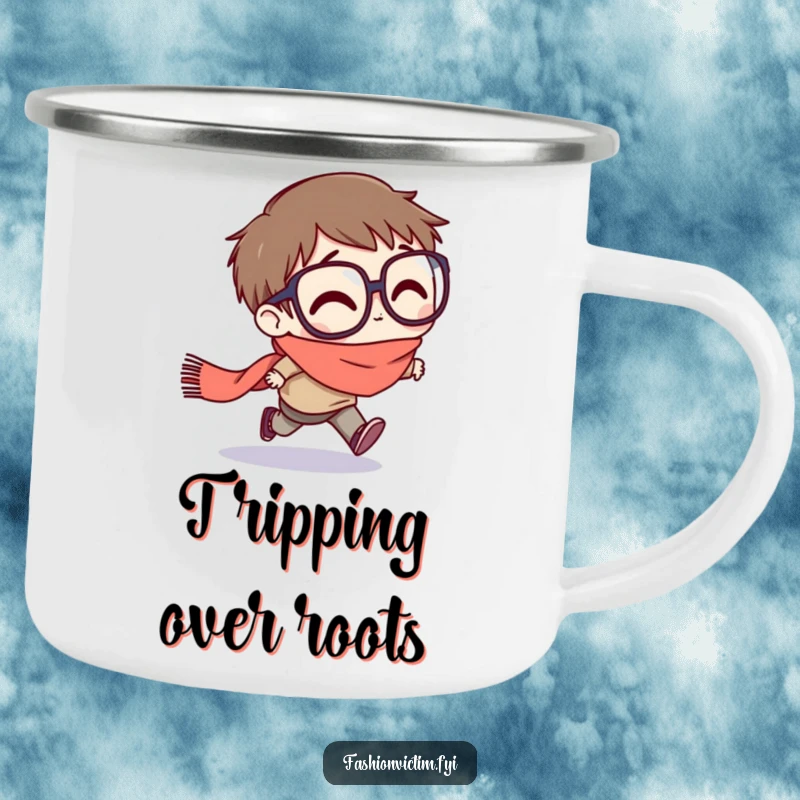 Funny camping mug featuring a character with exaggeratedly large glasses stumbling forward, tripping hilariously on a trailing scarf.