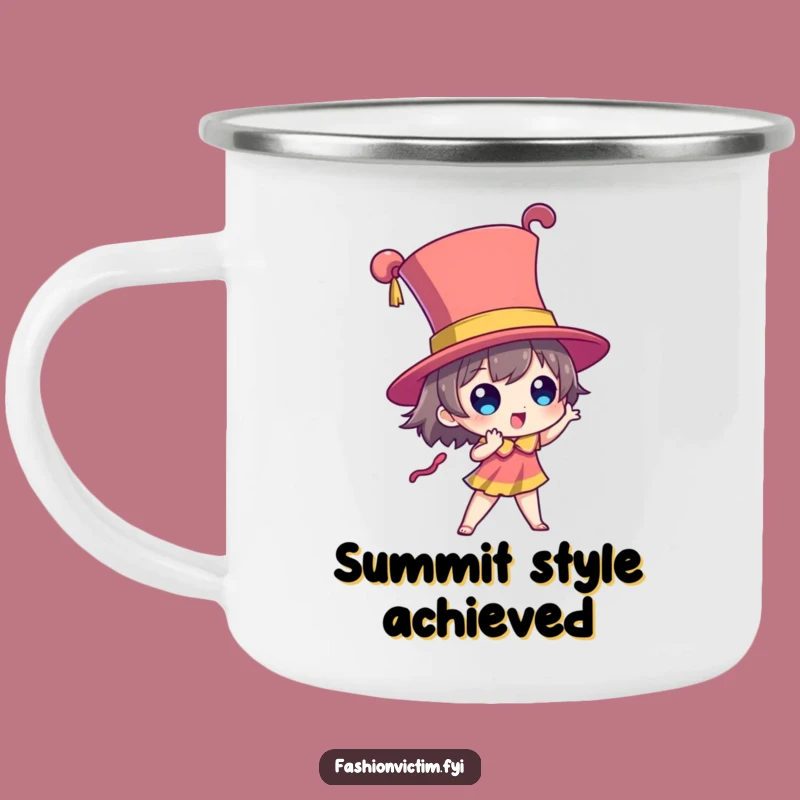 Funny Dramatic Hat Camping Mug: Character's Towering Adventure Style