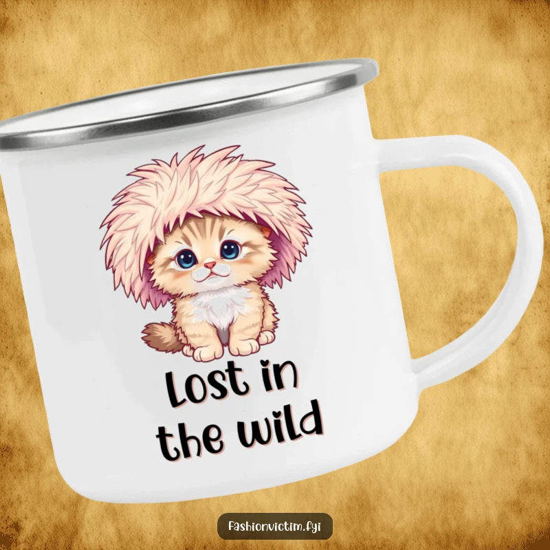 Funny camping mug featuring a fluffy kitten falling over, its oversized feathered hat adding to the charm.