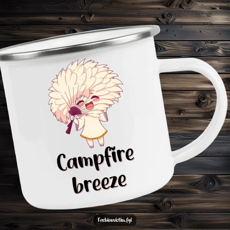 Funny camping mug with an excited character gesturing with a large, feathery fan that hides their face, for outdoors.