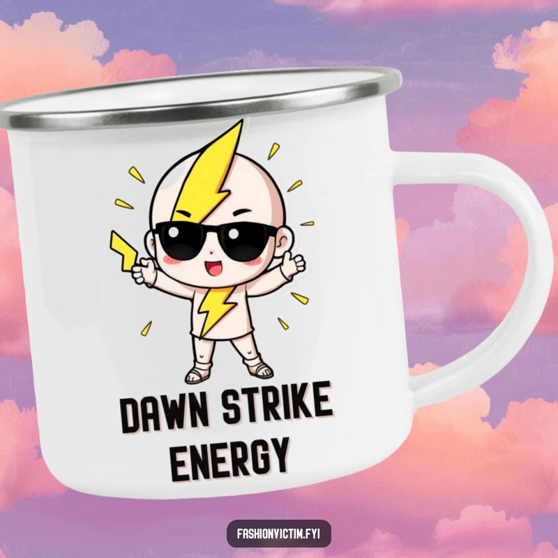 Funny Camping Mug of a cute lightning bolt character striking a dramatic, fashionable pose, perfect for outdoor enjoyment.