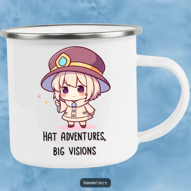 Funny enamel camping mug featuring a character in a massive hat pointing at a tiny, sparkling accessory, perfect for outdoor humor.