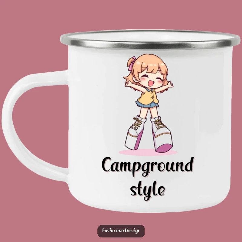 Funny Platform Shoes Camping Mug - Gleeful Character's Elevated Outdoors
