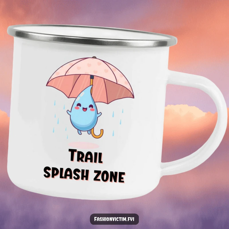 Funny Camping Mug of a playful raindrop character happily bouncing on a patterned umbrella, perfect for outdoor enjoyment.
