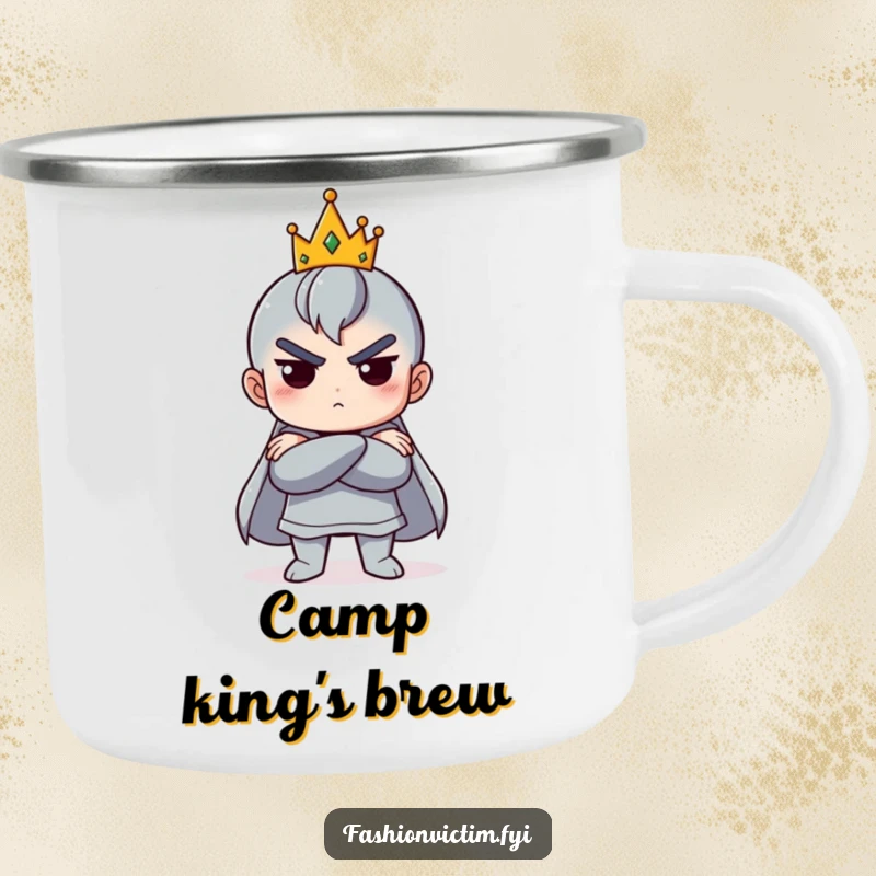 Funny camping mug showing a character with arms crossed and a tiny crown humorously askew, perfect for regal campers.