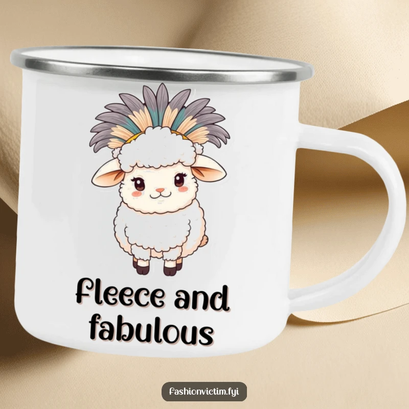 Funny sheep camping mug, a fluffy sheep wearing a large feathered hat, durable for camping, adding humor.