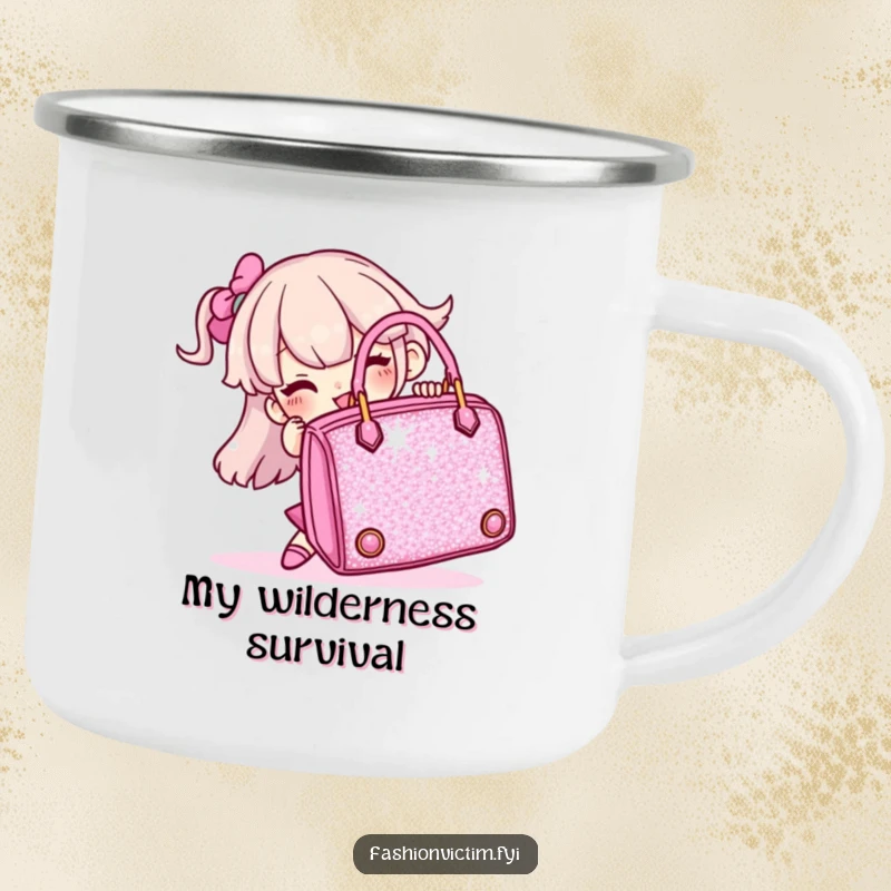 Funny camping mug showing a character comically fighting a huge, sparkly handbag, for outdoor enthusiasts.