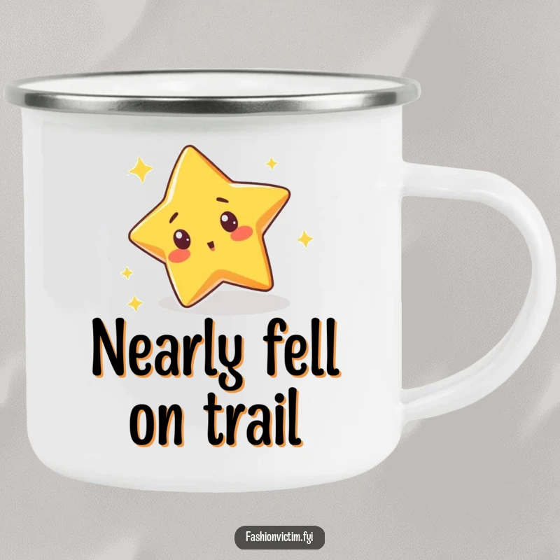 Funny camping mug featuring a cute star character tripping over its own sparkle with a surprised expression, perfect for enjoying drinks outdoors.