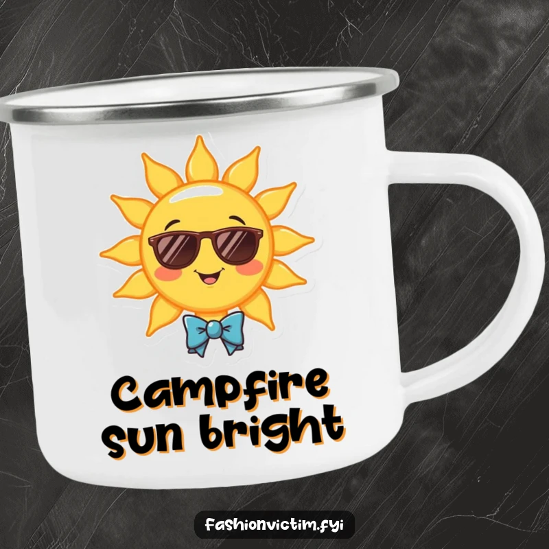 Funny camping mug with a cheerful smiling sun wearing sunglasses and a bowtie. Humorous outdoor gear.