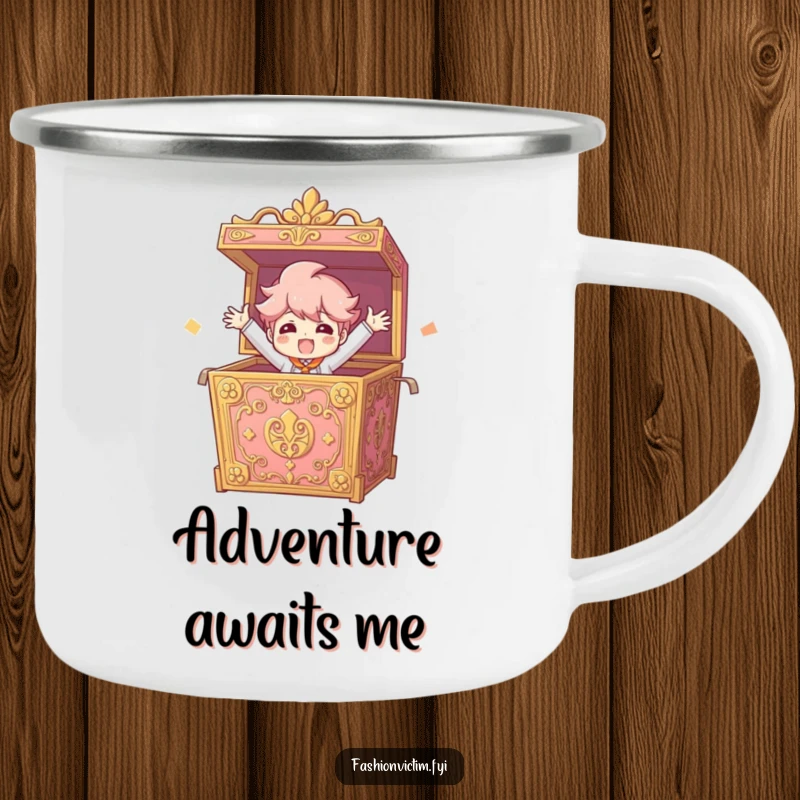 Funny Camping Mug of a character bursting from an ornate box with arms outstretched, perfect for outdoor explorers.