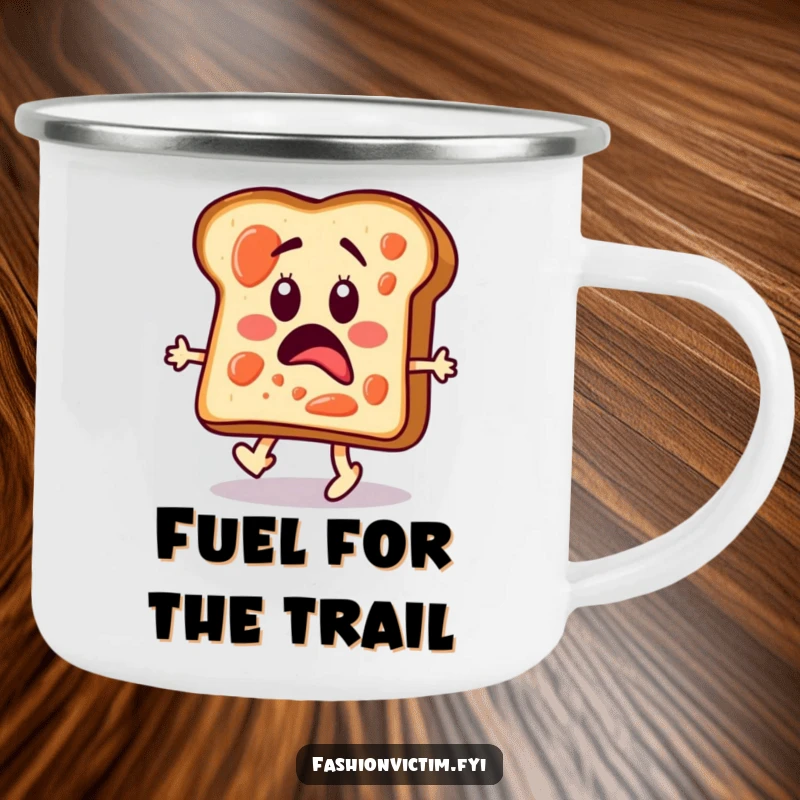 Funny camping mug featuring a surprised toast slice with jam, strutting down a fashion runway.