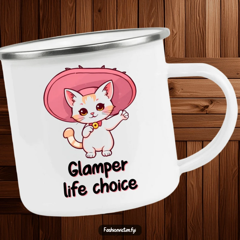 Funny camping mug with a kawaii cat posing dramatically in a giant, flamboyant hat. Humorous outdoor gear.