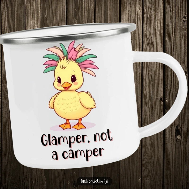 Funny Duckling Camping Mug: A brave duckling parades in a feathery boa, ready for outdoor adventures with undeniable style.