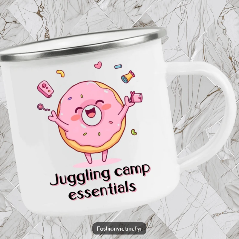 Funny camping mug featuring a pink donut character joyfully juggling tiny, colorful accessories, perfect for enjoying drinks outdoors with a sweet touch.