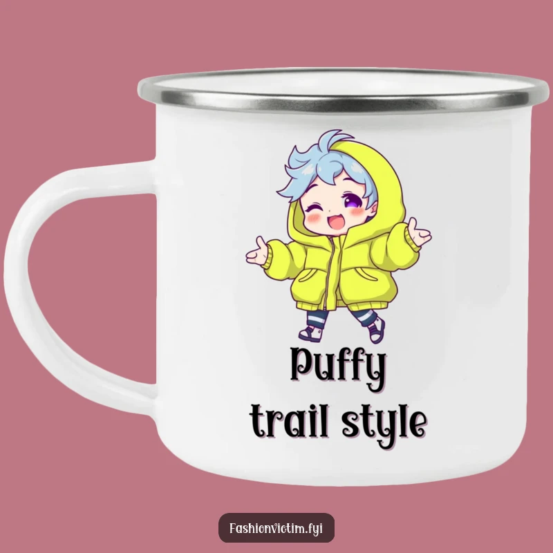 Durable Funny Neon Puffy Jacket Camping Mug. Your companion for stylish outdoor adventures.