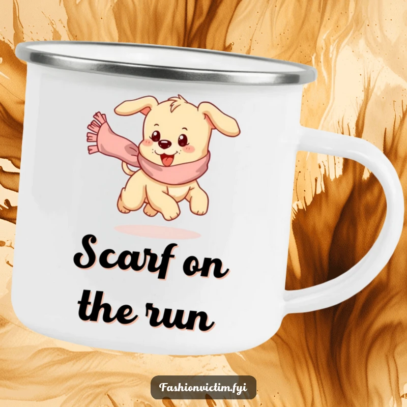 Funny camping mug with a playful puppy comically chasing a runaway, frilly scarf, perfect for outdoor fun.