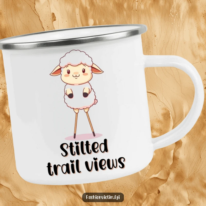 Funny camping mug with a fluffy sheep comically attempting a balancing act on stilts, perfect for outdoor fun.