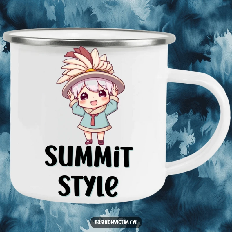 Funny camping mug with a character happily wearing a comically large, feathered hat, perfect for outdoor enjoyment with flair.
