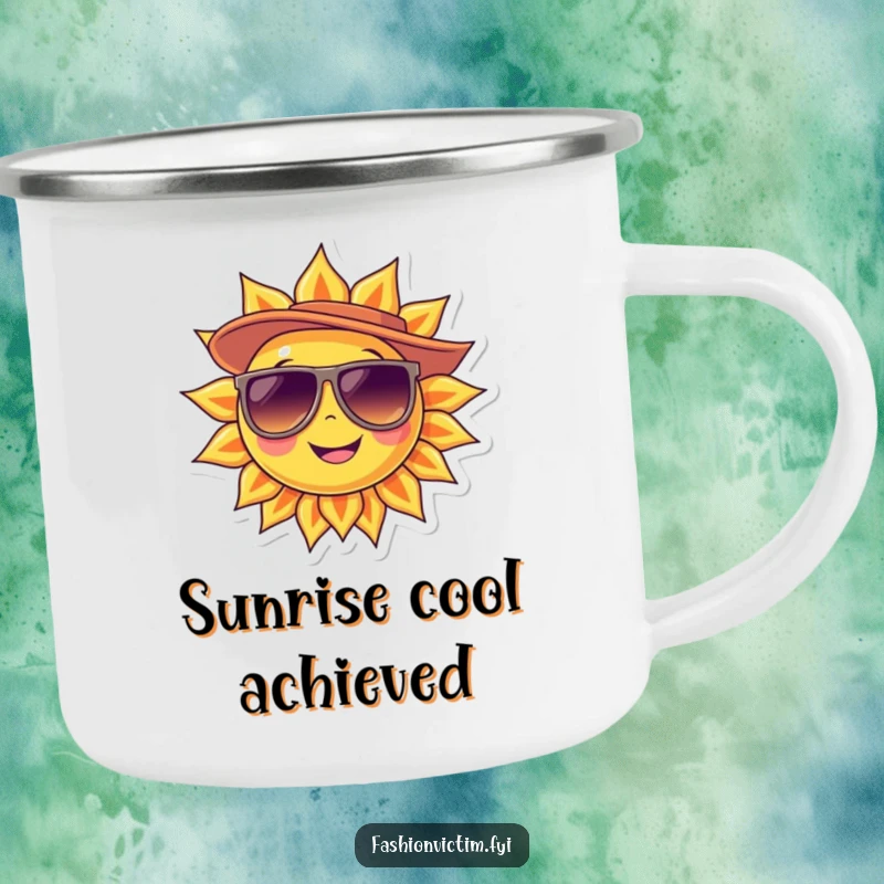 Funny Camping Mug of a smiling sun character wearing oversized sunglasses and a stylish hat, perfect for outdoor enjoyment.