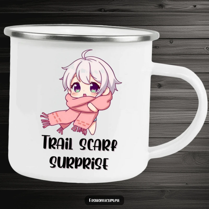 Funny camping mug with a character comically tangled in a scarf, beaming with surprise during outdoor activities.