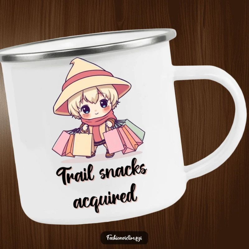 Funny camping mug featuring a child character in a large hat tripping with shopping bags, a humorous outdoor accessory.