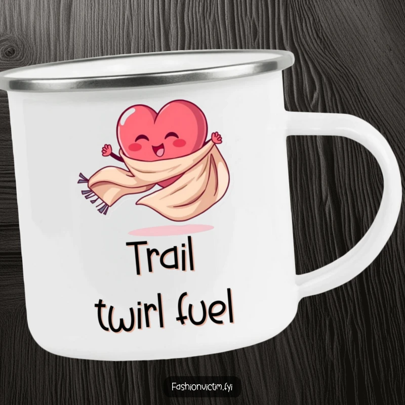 Funny Camping Mug with a stylized heart character spinning a flowing scarf, perfect for outdoor adventures and hot drinks.