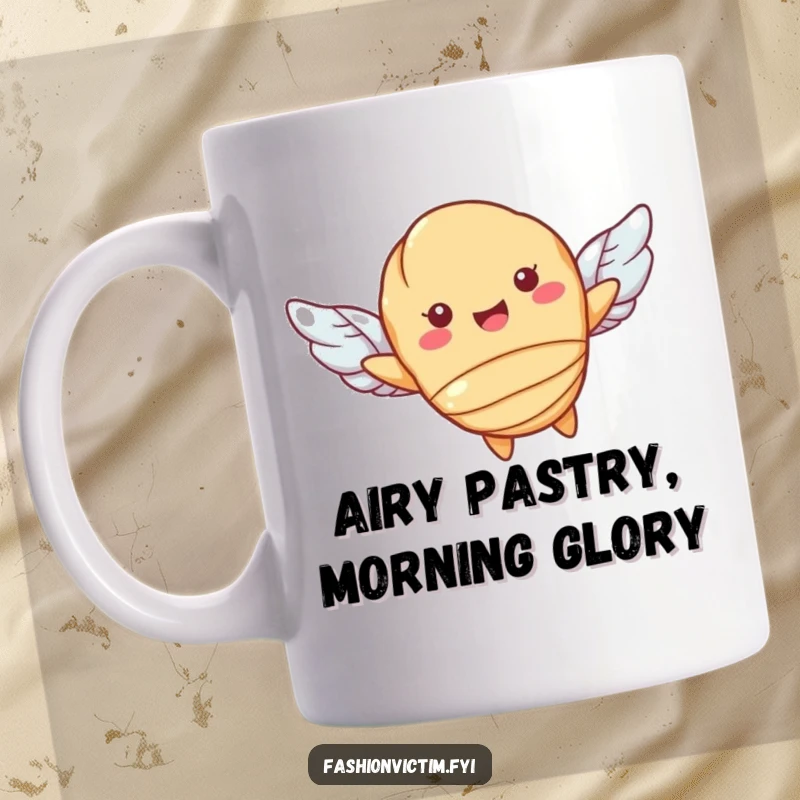Funny mug with a happy croissant character flying with small wings, spreading joy and breakfast cheer. Perfect for pastry lovers.