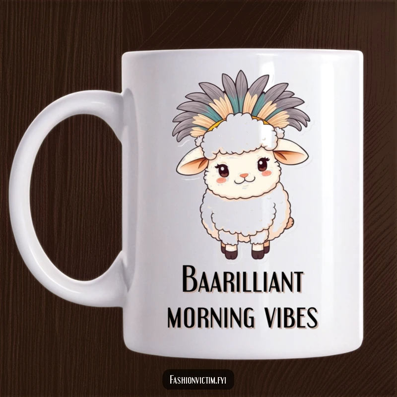 Funny sheep mug, a fluffy sheep wearing a large, elaborate feathered hat, looking regal and comical.