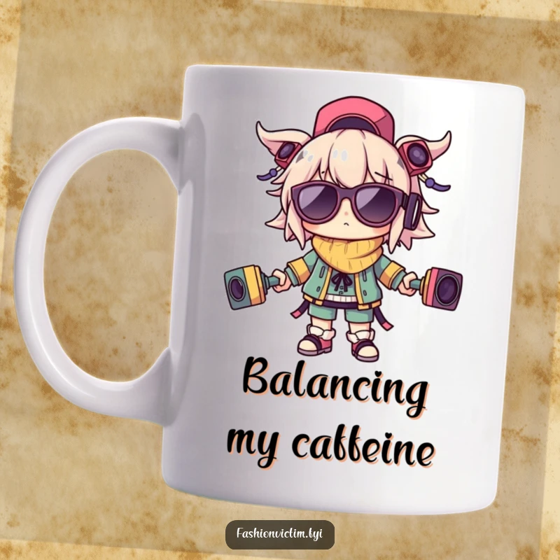 Funny mug depicting a character struggling to balance multiple outlandish accessories, symbolizing delightful chaos and humor.