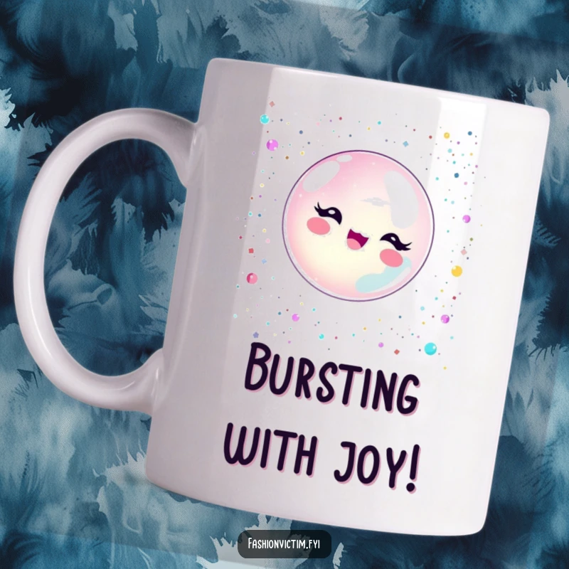 Funny bubble character delightfully popping amidst a cascade of shimmering glitter and sequins on a mug.