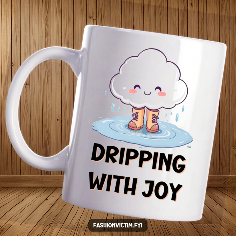 Funny mug showing a smiling rain cloud character happily splashing in a puddle while wearing fashionable boots, celebrating wet weather fun.