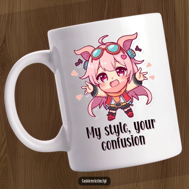 Funny mug featuring a character wildly gesturing, overloaded with a hilarious jumble of mismatched, colorful accessories, embodying delightful disarray.