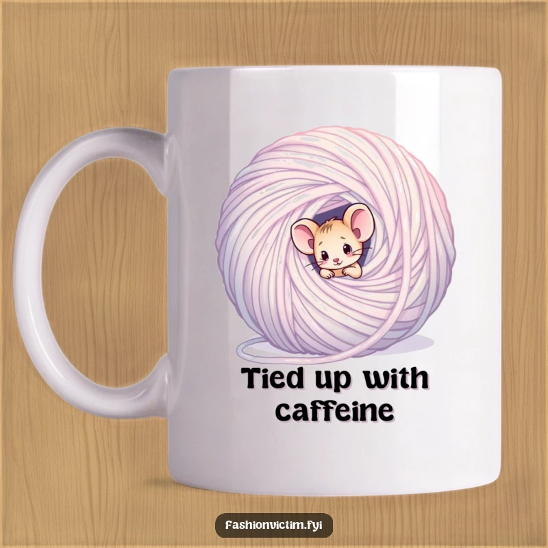 Funny mouse mug, a tiny confused mouse tangled in a giant shimmering ball of yarn, adorable and humorous.