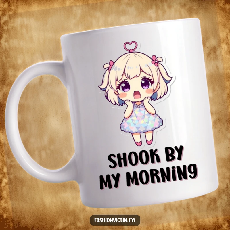 Funny mug with a character shocked by their own dazzling disco ball dress, embodying party spirit and humorous surprise.