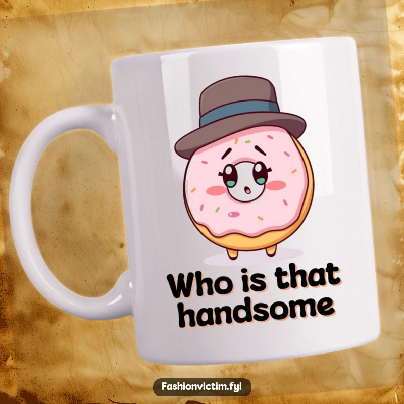 Funny mug depicting a donut with a tiny designer hat looking utterly shocked at its own reflection, celebrating pastry vanity.