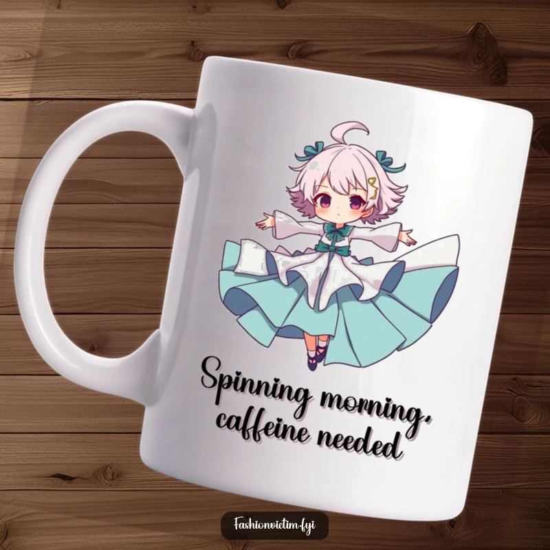 Funny mug featuring a character in dramatically ruffled clothes spinning joyfully with arms outstretched, capturing free-spirited expression.