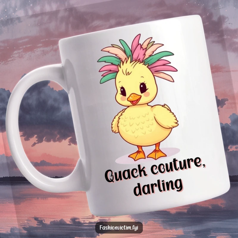 Funny Duckling Mug: A cute duckling struts proudly in a large, colorful, feathery boa, exuding confidence and charm.