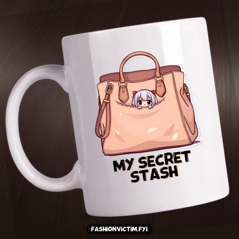 Funny mug showing a tiny character peeking from a giant, stylish, slightly damaged handbag, a humorous take on fashion secrets.