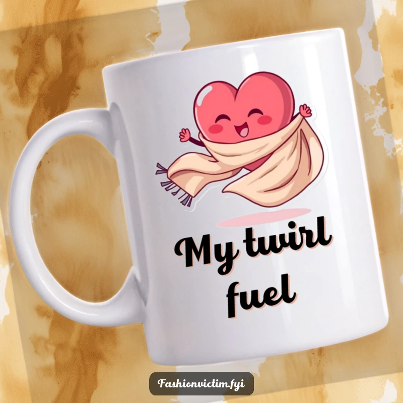 Funny Mug featuring a stylized heart character joyfully spinning a flowing red fabric scarf with a big smile.