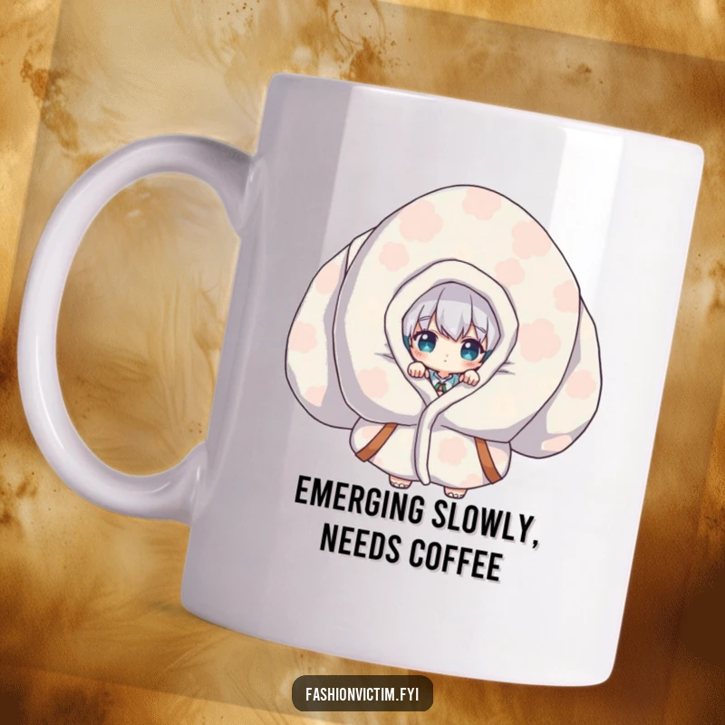 Funny Mug showing a cute character peeking from behind an extremely large, vibrantly patterned piece of clothing, looking bashful.