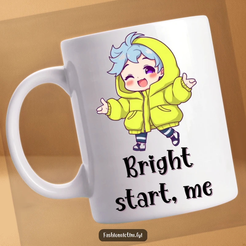Funny mug featuring a character excitedly modeling a bright neon green puffy jacket, showcasing bold fashion and cheerful energy.