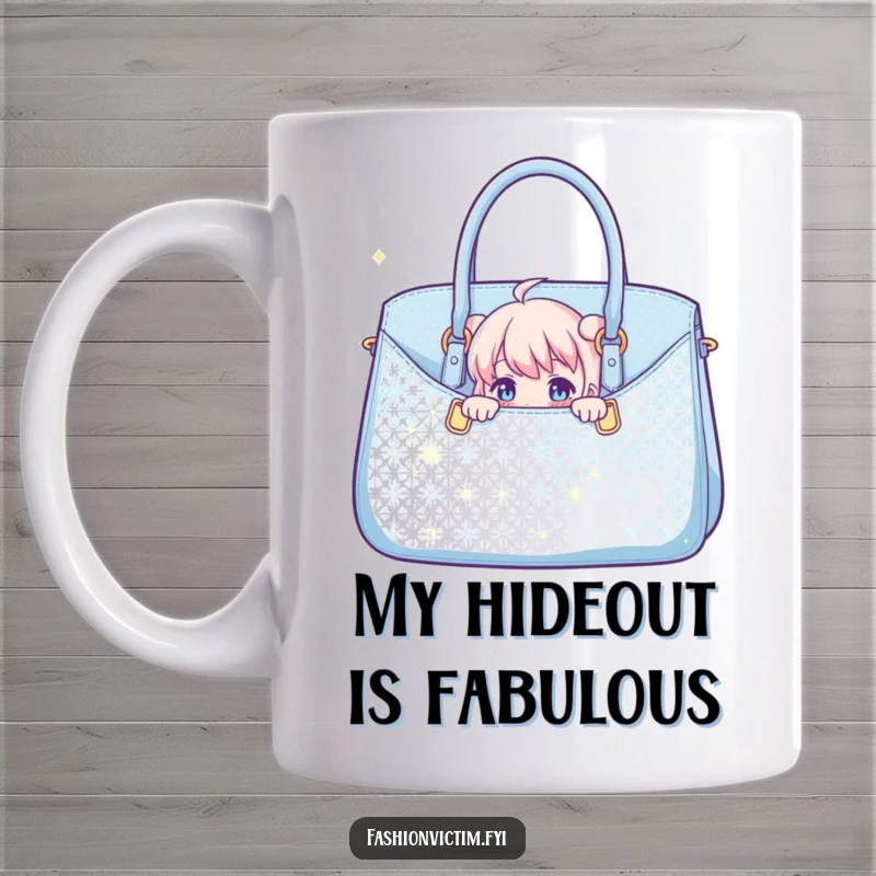 Funny mug with a cute character peeking playfully from behind a large, sparkling designer handbag, conveying surprise and delight.