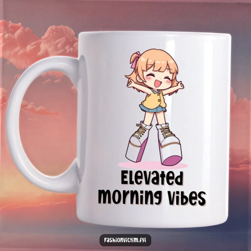 Funny mug of a character gleefully teetering in extremely high platform shoes, symbolizing daring fashion.