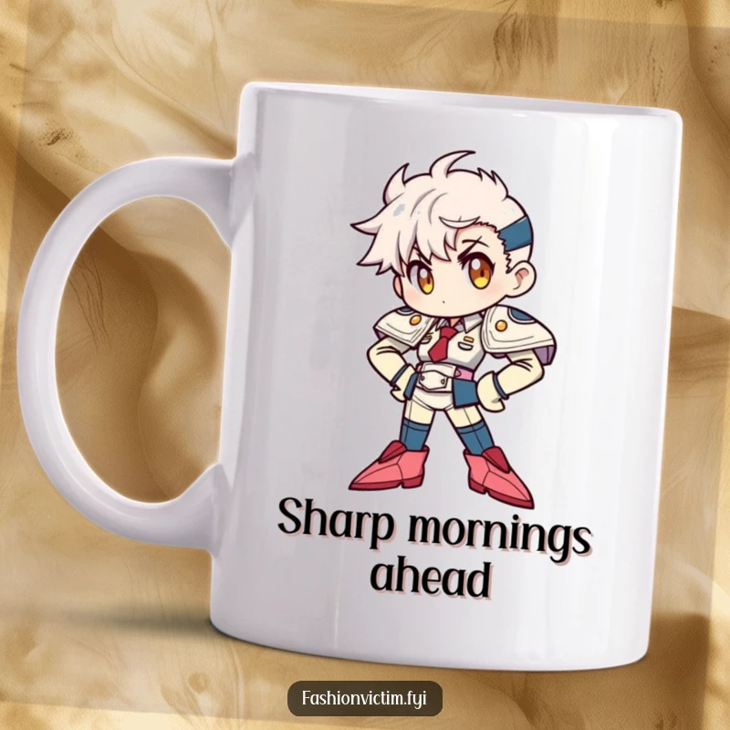 Funny Mug: A character striking a power pose with dramatic shoulder pads and sharp pointy shoes, exuding confidence.