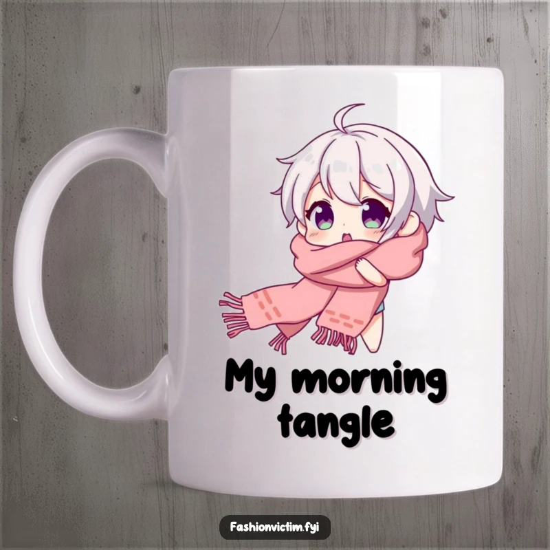 Funny mug showing a character hilariously tangled in a long, flowing scarf, beaming with joyous surprise.