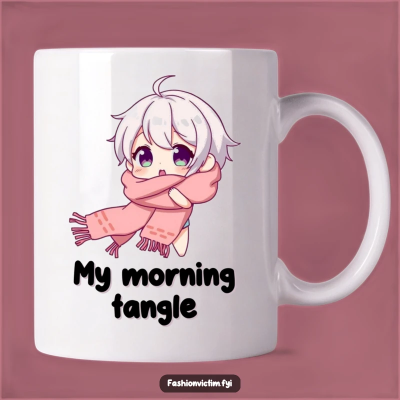 Funny Scarf Tangle Surprise Mug: Beaming Character's Hilarious Moment