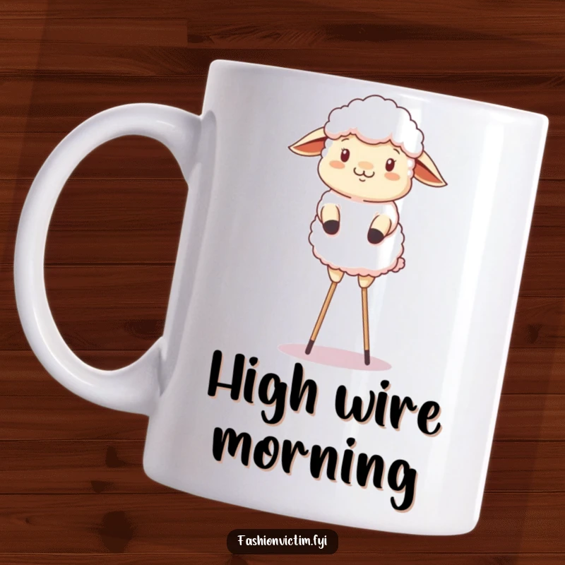 Funny mug with a fluffy sheep comically attempting a balancing act while standing precariously on stilts.