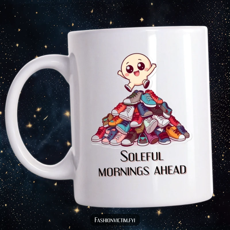 Funny mug with a small, round character with big eyes joyfully leaping over a towering pile of mismatched shoes.